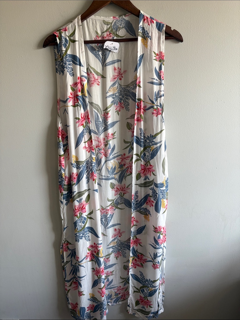 The Living Stone Tropical Floral Open Front Duster Vest Boho Long Layering Piece